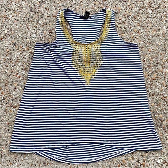 Rain Striped Nautical Hamptons Gold Embroidered Blue & White Tank Top Size M - Picture 1 of 7